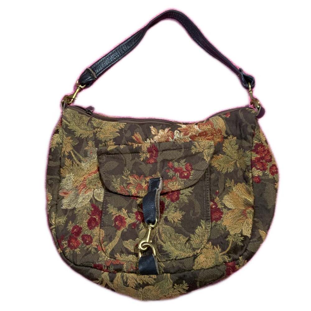 Vintage Floral Tapestry Shoulder Bag - Dark Brown with Red & Gold Flowers
